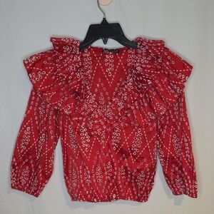 Zara Red Patterned Ruffle Puff Blouse